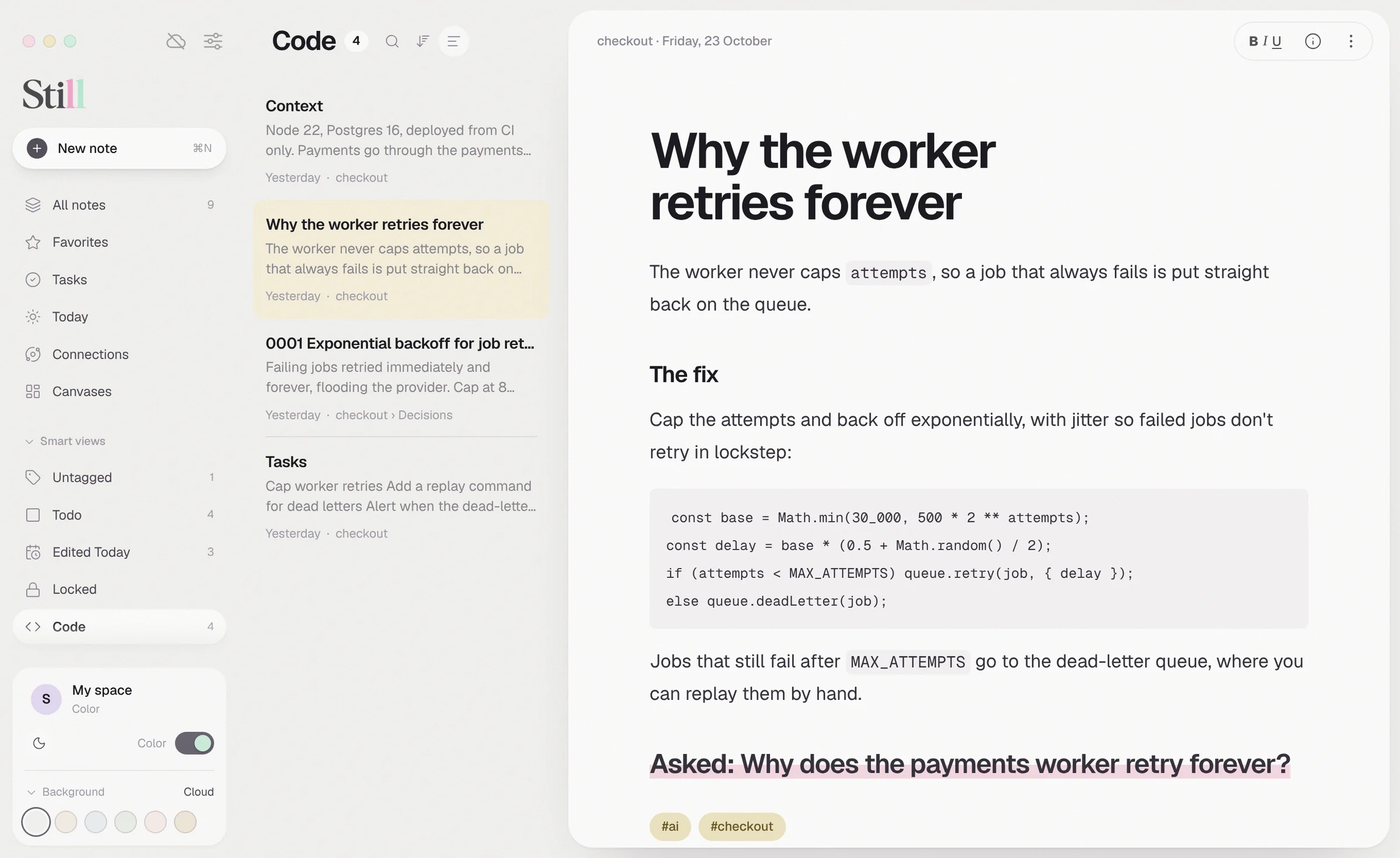 The Code view in Still: notes saved from a coding agent, sorted by repo, with the saved answer open.