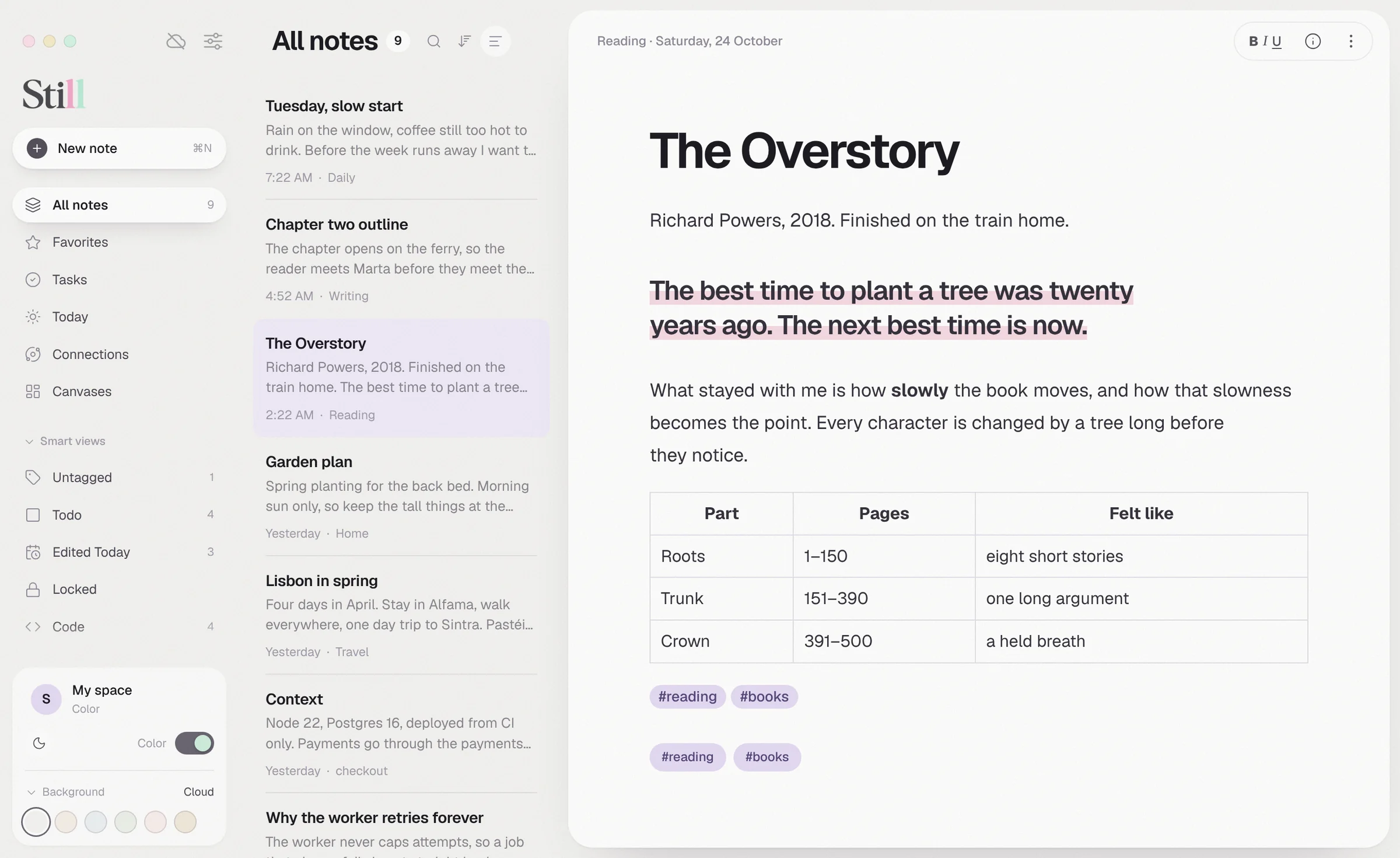 A reading note in Still with a quote, bold text and a table, beside the note list.